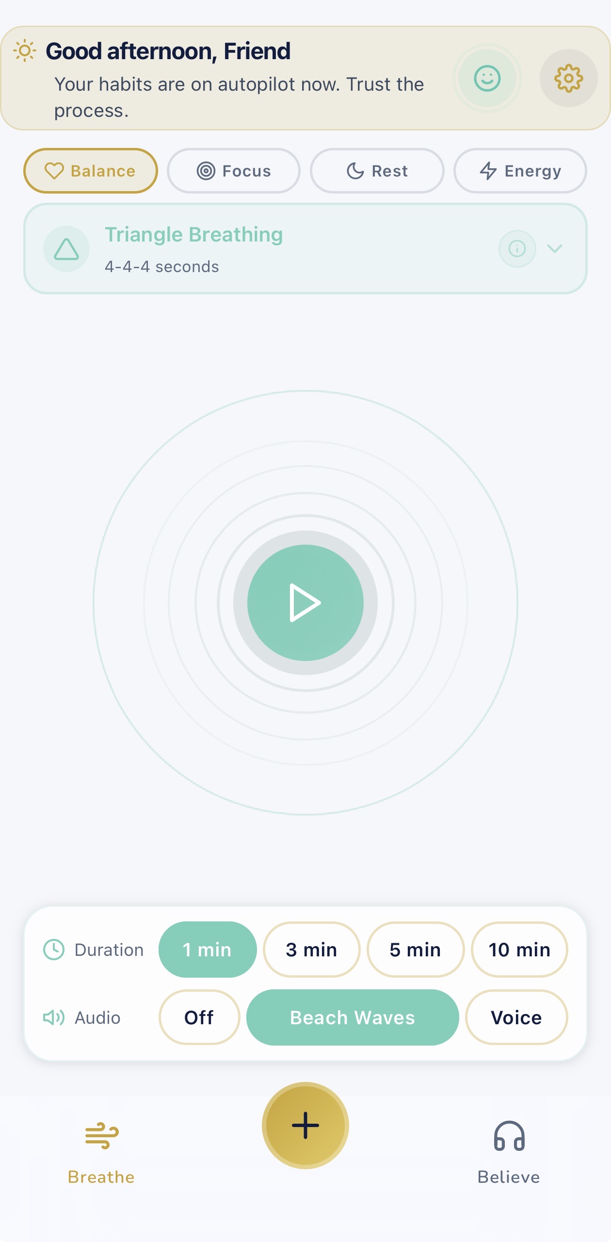 RETUNED Breathe tab with Box Breathing session, daily greeting, and ambient sound controls