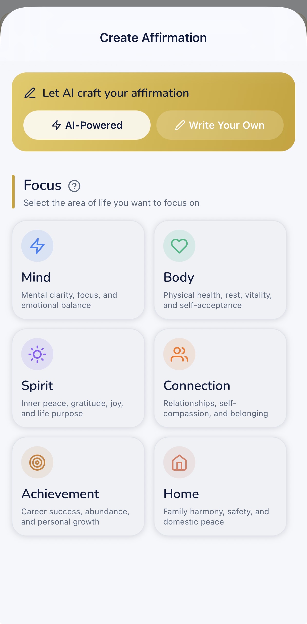 Choose your Life Pillar: Mind, Body, Spirit, Connection, Achievement, or Home
