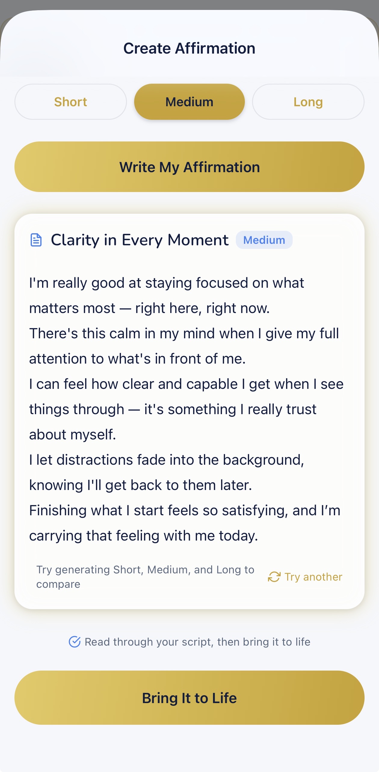 AI-generated affirmation script with Subconscious Language Patterns