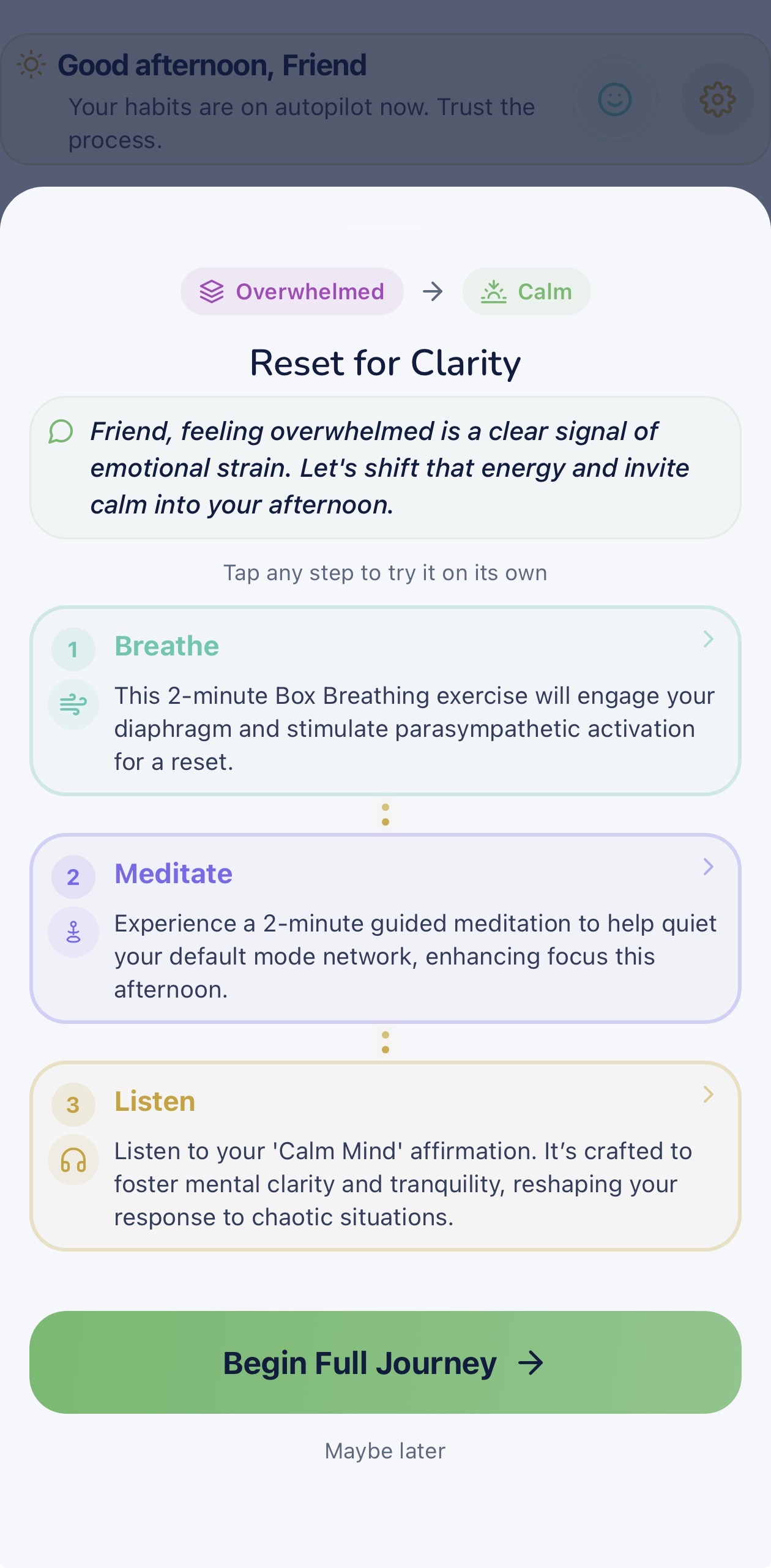 RETUNED Morning Clarity Shift journey with personalized Breathe, Meditate, and Listen steps